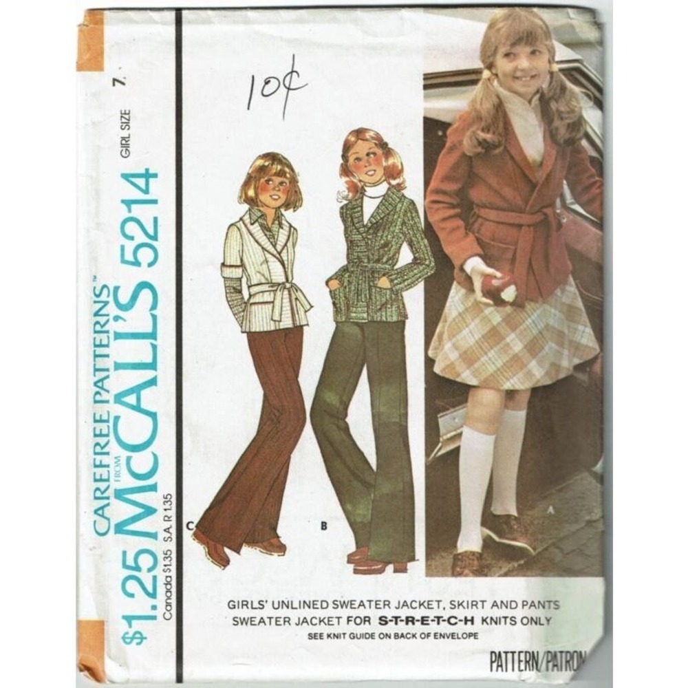 McCalls Sewing Pattern 5214 Girls Size 7 Jacket Skirt Pants 70s Vintage Uncut FF